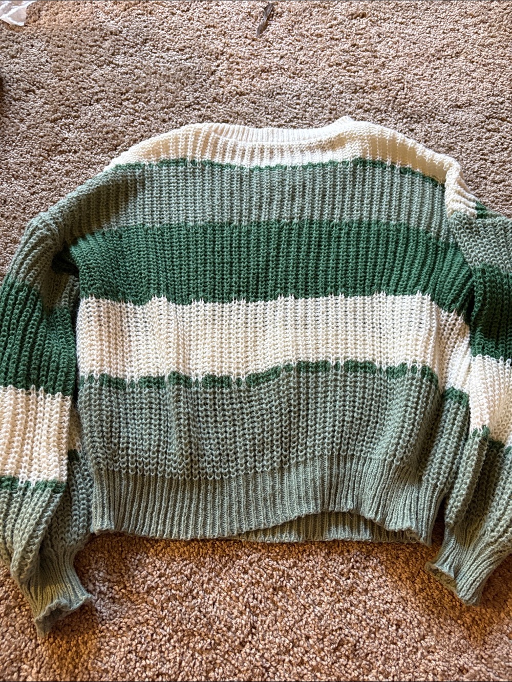 SHEIN Green and Cream Striped Scoop-Neck Knit Sweater